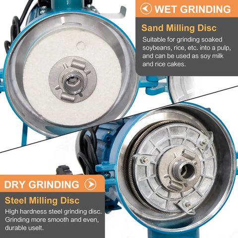 Heavy Duty 3000W Wet And Dry Electric Grain Mill Grinder 110V showing sand and steel milling discs for wet and dry grinding