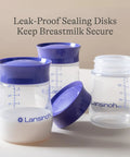 Soft Anti Colic Nipples For Everyday Bottle Feedings Paired With 5 Oz Breastmilk Storage Bottles In A Four Pack showing leak-proof sealing disks.