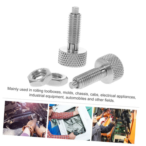 Heavy Duty Stainless Steel Retractable Spring Plunger Locking Pins for Rolling Toolboxes and Shop Cabinets, featuring knurled grip.