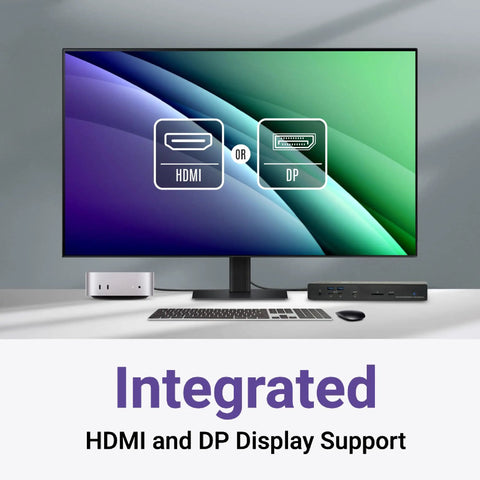 Heavy Duty Thunderbolt 5 Dock With 10Gb Ethernet, Three Thunderbolt 5 Ports, HDMI And DisplayPort Outputs, Nine USB 10Gbps Connectors, 140W Fast Charging, SD Card Slot, Built Different Multi Device Hub For Mac And PC Systems with HDMI and DP display support on a monitor.
