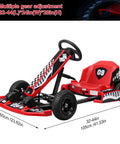 Red Electric Drift Go Kart For Adults With 350W Motor And Adjustable Length, Top Speed Up To 16 MPH, Shown With Measurements