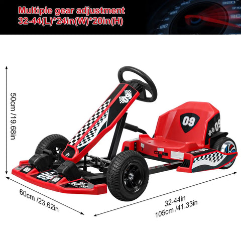 Red Electric Drift Go Kart For Adults With 350W Motor And Adjustable Length, Top Speed Up To 16 MPH, Shown With Measurements