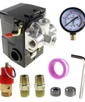 Air Compressor Pressure Switch Control Valve Kit 110V-240V 4 Way Replacement Parts with gauge, fittings, wrench, and tape.