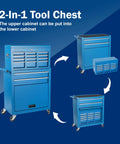 Blue 8 Drawer Rolling Tool Chest Hella Tough Shop Ready Design Detachable Top Bin demonstrating 2-in-1 functionality with drawers.