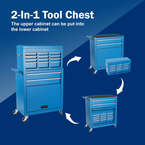 Blue 8 Drawer Rolling Tool Chest Hella Tough Shop Ready Design Detachable Top Bin demonstrating 2-in-1 functionality with drawers.