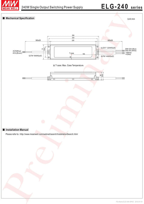 Technical drawing of 24V 10A 240W LED Power Supply With PFC, Single Output Switching Driver For LED Lighting, CV And CC Modes, Universal AC Input, Low Standby Power Under 0.5W, Suitable For Dry Damp Wet Locations, 5 Year Warranty.