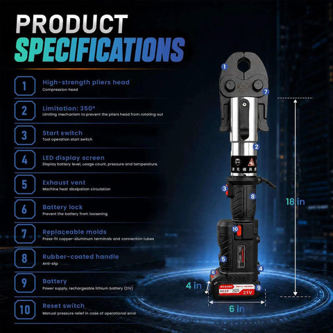 Heavy Duty 21V Cordless Hydraulic Pipe Crimper With 60KN Force For Copper HVAC Plumbing, showcasing specifications and features.
