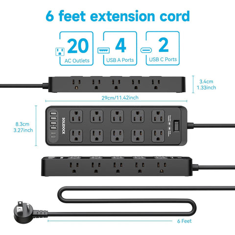 Power Strip With 20 AC Outlets And 6 USB Ports Heavy Duty Surge Protector 15 Amp 6ft Extension Cord 2700 Joules 120 to 240V Wide Voltage Perfect For Your Home Office Rig And Tech Setup, 6ft cord and 29cm body