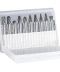 Carbide die-grinder burr set, 20 pcs, 1/8 in shank, in clear plastic case