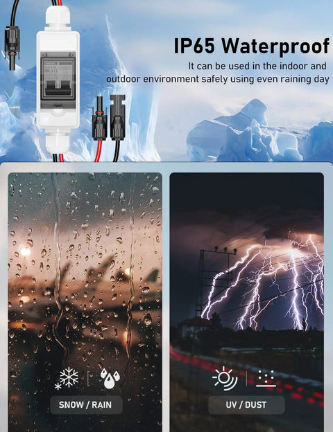 Rugged Outdoor Solar Panel Disconnect Switch 30A 2-Pole DC Circuit Breaker Non-Polarized 12V-400V IP65 Waterproof AC Disconnect Box