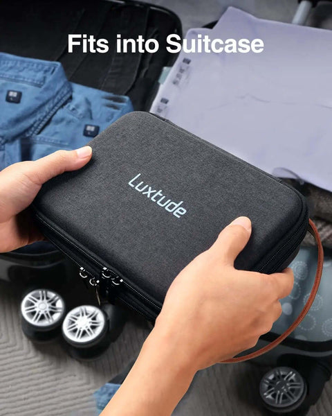 Premium Electronics Organizer Travel Case Featuring Rugged Hard Shell Exterior And Ergonomic Handle, held in hand and fits into a suitcase.