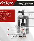 Close-up of All In One Flaring And Swage Tool Kit with labeled parts, including yoke and copper tube in operation