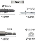 Heavy Duty Nylon Wall Anchor Kit With Collar Dowels 8x40mm, Bottom Screws 5x40mm, M5 Washers, and Hex Socket shown with sizes