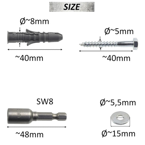 Heavy Duty Nylon Wall Anchor Kit With Collar Dowels 8x40mm, Bottom Screws 5x40mm, M5 Washers, and Hex Socket shown with sizes