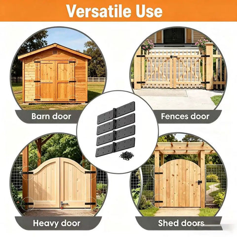 Badass Heavy Duty Gate Hinges With 270 Degree Swing Rotation For Outdoor Wood Fences Sheds Barn Doors And Security Gates Weather Resistant Steel 2 Pack Black shown in use on various doors.