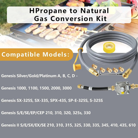 Propane To Natural Gas Conversion Kit For Weber Genesis Grills with 10Ft Natural Gas Hose and Regulator visible.