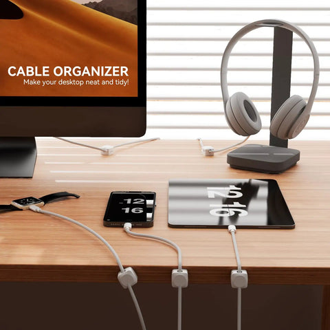 Rotatable Cord Organizer With Super Strong Adhesive Spring Clips For Cables, One Hand Use, Spin It Any Way You Need, Keeps Cords Tidy And Outta The Tangled Mess, Easy Install, Durable Cable Management Solution on wood desk with charging cables