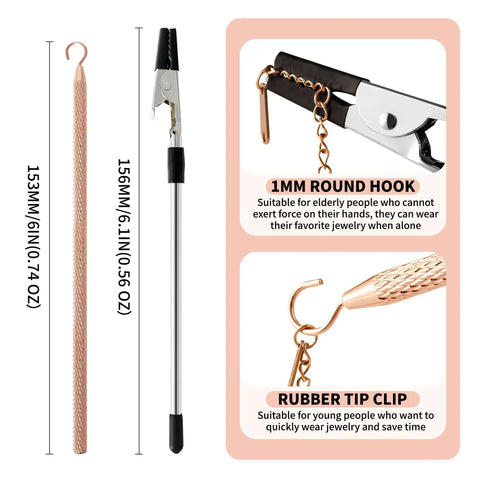Two Pack Bracelet Helper Tool Set showing 153mm and 156mm tools with rubber tip clip and round hook for easy jewelry clasps and zippers.
