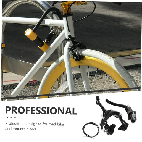 Premium Heavy Duty Alloy C Shape Brake Set Forged From Durable Steel Compatible With Road Or Mountain Bikes Black Finish on a white bike.