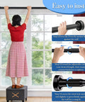 Woman installing Heavy Duty Tension Curtain Rod 48 To 140 Inch No Drilling Easy Install Extra Long Shower Rod in window frame.
