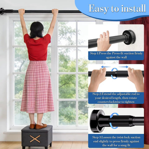 Woman installing Heavy Duty Tension Curtain Rod 48 To 140 Inch No Drilling Easy Install Extra Long Shower Rod in window frame.