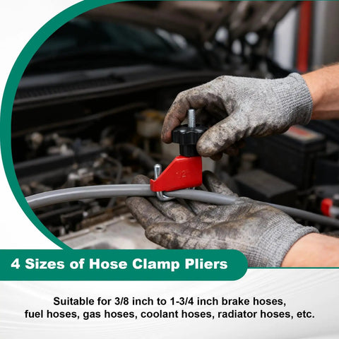 4 Piece Hose Pinch Off Pliers Set for Automotive Brake Line Clamps and Fuel Lines, Flexible Clamp Pliers in use on car hose