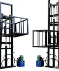 Electric Hydraulic Cargo Lift 1 Ton Heavy Duty Steel Vertical Lift Platform With Overload Protection And Emergency Descent For Warehouse And Factory Use, Custom Color, Height, And Logo Options. side view with steel platform and hydraulic unit