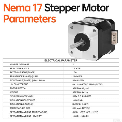 Front view of NEMA 17 bipolar stepper motor with silver faceplate, 42x40mm body, 1.5A, 2.0 ohm, 4-lead cable