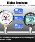 NexSphere pressure gauge, glycerin-filled, 2.5-inch dial, stainless steel case, 0–100 psi, front view