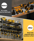 Before and after comparison of Built Tough Power Tool Organizer Wall Mount For Garage And Workshop, 32 Inch With 8 Slots, installed