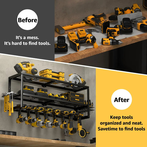 Before and after comparison of Built Tough Power Tool Organizer Wall Mount For Garage And Workshop, 32 Inch With 8 Slots, installed