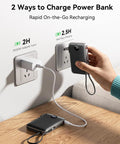 Hella Slick Compact Portable Charger 10000mAh Power Bank With Built In Usb C And Usb A Cables Plus AC Plug For Grab And Go Travel Everyday Carry Setup Gear charging via wall outlet.