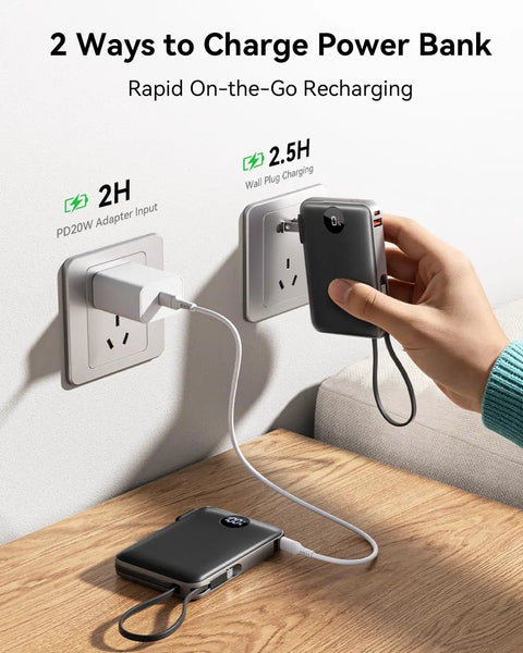 Hella Slick Compact Portable Charger 10000mAh Power Bank With Built In Usb C And Usb A Cables Plus AC Plug For Grab And Go Travel Everyday Carry Setup Gear charging via wall outlet.
