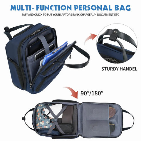 Open view of navy underseat carry on luggage for women, 16 inch lightweight overnight bag showing compartments and sturdy handle.