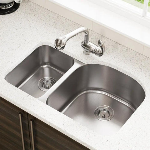 Undermount Stainless Steel Double Bowl Kitchen Sink, 31.5 Inch, 16 Gauge, 304-Grade with D-shape bowls and offset faucet setup