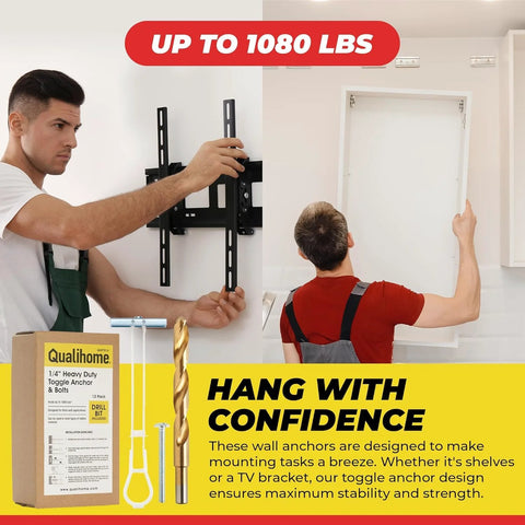 One Quarter Inch Twenty Toggle Anchors With Bolts For Hollow Walls Heavy Duty Winged Anchors Adjustable Up To Two And A Half Inches Thick Holds Up To 1080 Lbs Includes Heavy Duty Drill Bit Pack Of 12 in use for TV installation