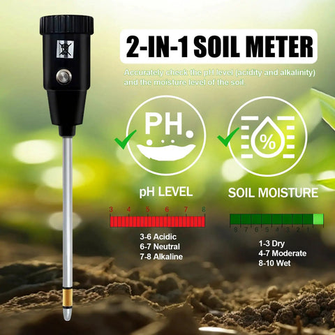 295mm Long Soil Moisture Sensor And PH Tester Probe Kit For Plants Trees Lawns Farms Indoor And Outdoor Use Deep Root Penetration For Accurate Soil Moisture And PH Readings Must Have Gardening Tool displaying pH and moisture levels.