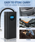 Cordless Tire Inflator Air Compressor for Cars, Bikes; portable pump in car door, motorcycle, and travel bag compartments.