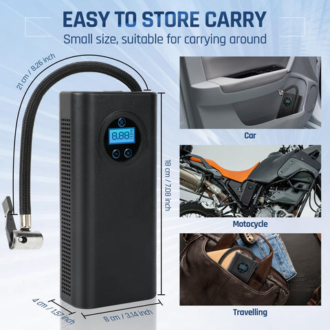 Cordless Tire Inflator Air Compressor for Cars, Bikes; portable pump in car door, motorcycle, and travel bag compartments.
