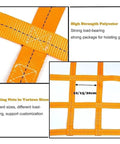 Heavy Duty Nylon Hoist Lifting Net For Cargo And Industrial Gear Transport Delivers Hella Tough Tear Resistant Performance With Two Ton Load Capacity close-up of orange webbing showing strength and customization options.