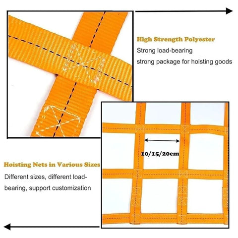 Heavy Duty Nylon Hoist Lifting Net For Cargo And Industrial Gear Transport Delivers Hella Tough Tear Resistant Performance With Two Ton Load Capacity close-up of orange webbing showing strength and customization options.