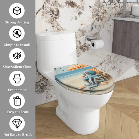 Toilet Seat Elongated Resin for Bathroom featuring colorful octopus design, installed on white toilet with modern decor.