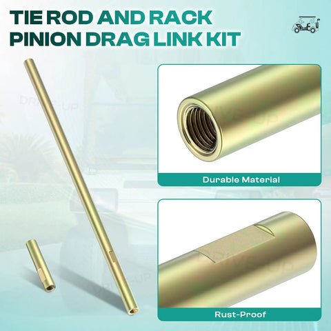 Club Car Golf Cart Steering Kit With Tie Rod Ball Joints And Rack Pinion Drag Link For DS Turf Carryall Villager 1984 To 2008 Gas And Electric Carts Not For 2009 And Up, showing metal tie rod and drag link.