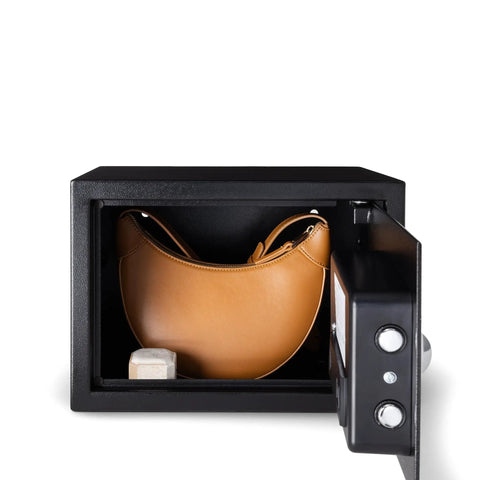Open Steel Security Safe With Electronic Keypad And Emergency Override Keys, 0.5 Cubic Feet, showing valuables inside.