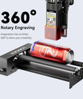 Top Tier Universal Laser Engraver Rotary Roller Attachment with a red can in the 360 rotation cylinder adapter.