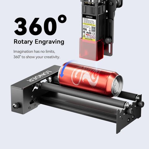 Top Tier Universal Laser Engraver Rotary Roller Attachment with a red can in the 360 rotation cylinder adapter.