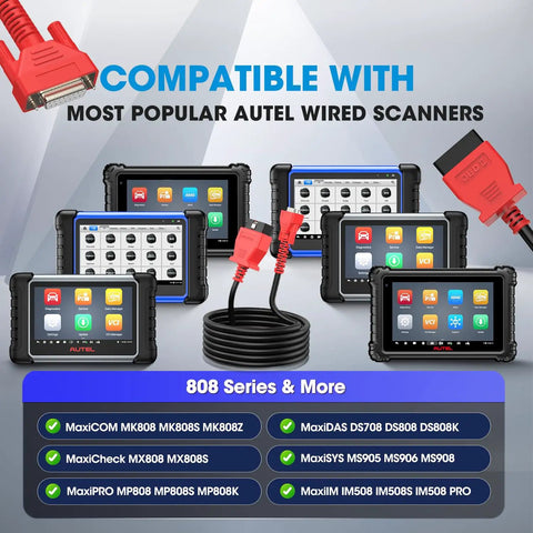 OBD2 Diagnostic Cable For 808 Series Scanners 16 Pin DB15 OBDII Adapter With 5.6Ft Cable 1.7M Length shown with compatible devices