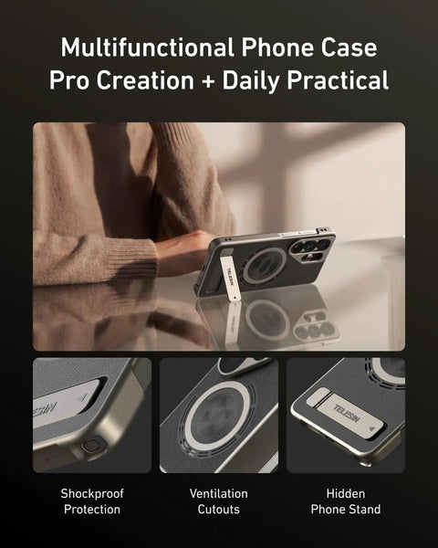 Phone Camera Master Grip Kit For Samsung Galaxy S26 Ultra with case showing shockproof protection and hidden phone stand.