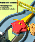 Epic Toy Car Ramp Track Set With Railcar Slot Cars and mini cars on brightly colored intersection with toy alligator