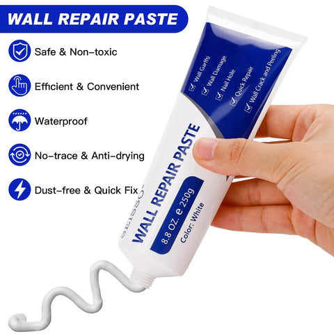 2 Pack White Spackle Wall Repair Paste Kit With Scraper And Nozzle Extenders, Patch For Drywall Holes, 250 G Each, shown squeezed from tube
